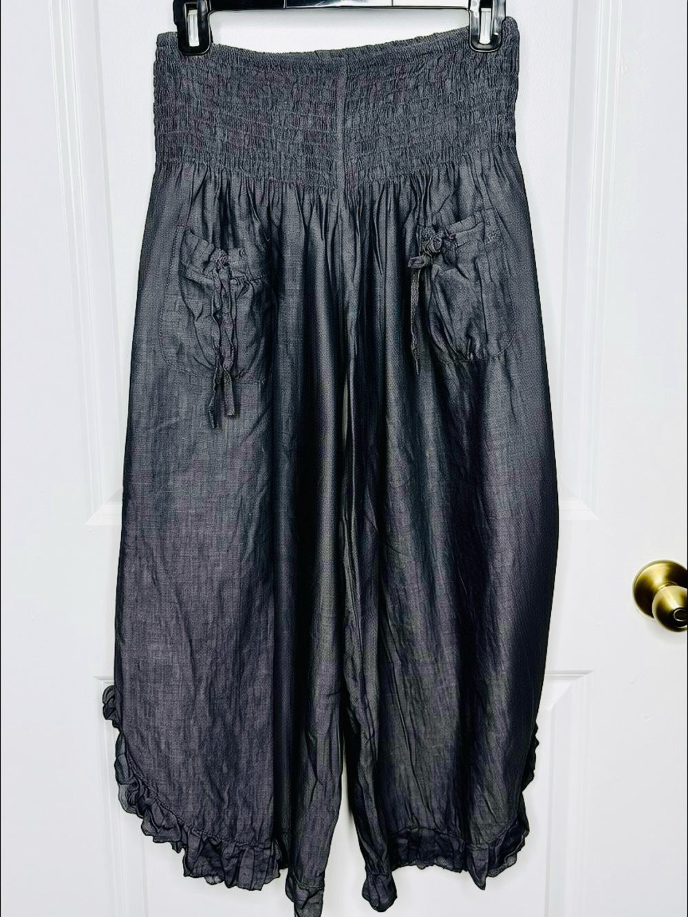Celina Genie Harem Gaucho Culottes Ruched Ties on Side of Legs Ruffled Hems |GUC - Picture 9 of 11